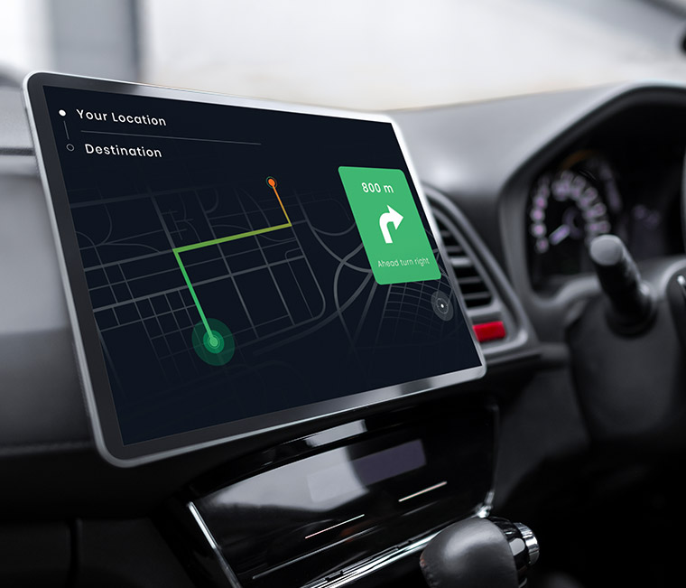 In-car GPS navigation system displaying a route on the screen