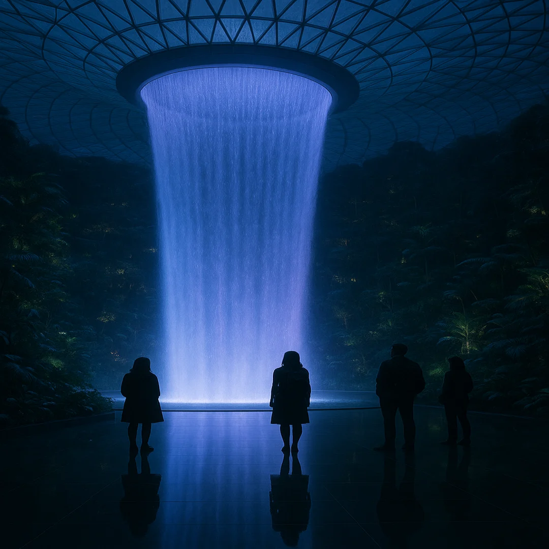 Indoor waterfall at night with lights and greenery inside Jewel Changi.