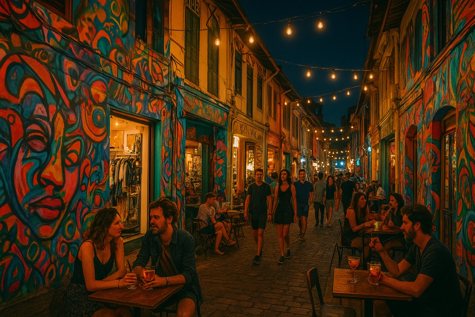 Artsy alley at night with colorful murals and creative nightlife vibe.