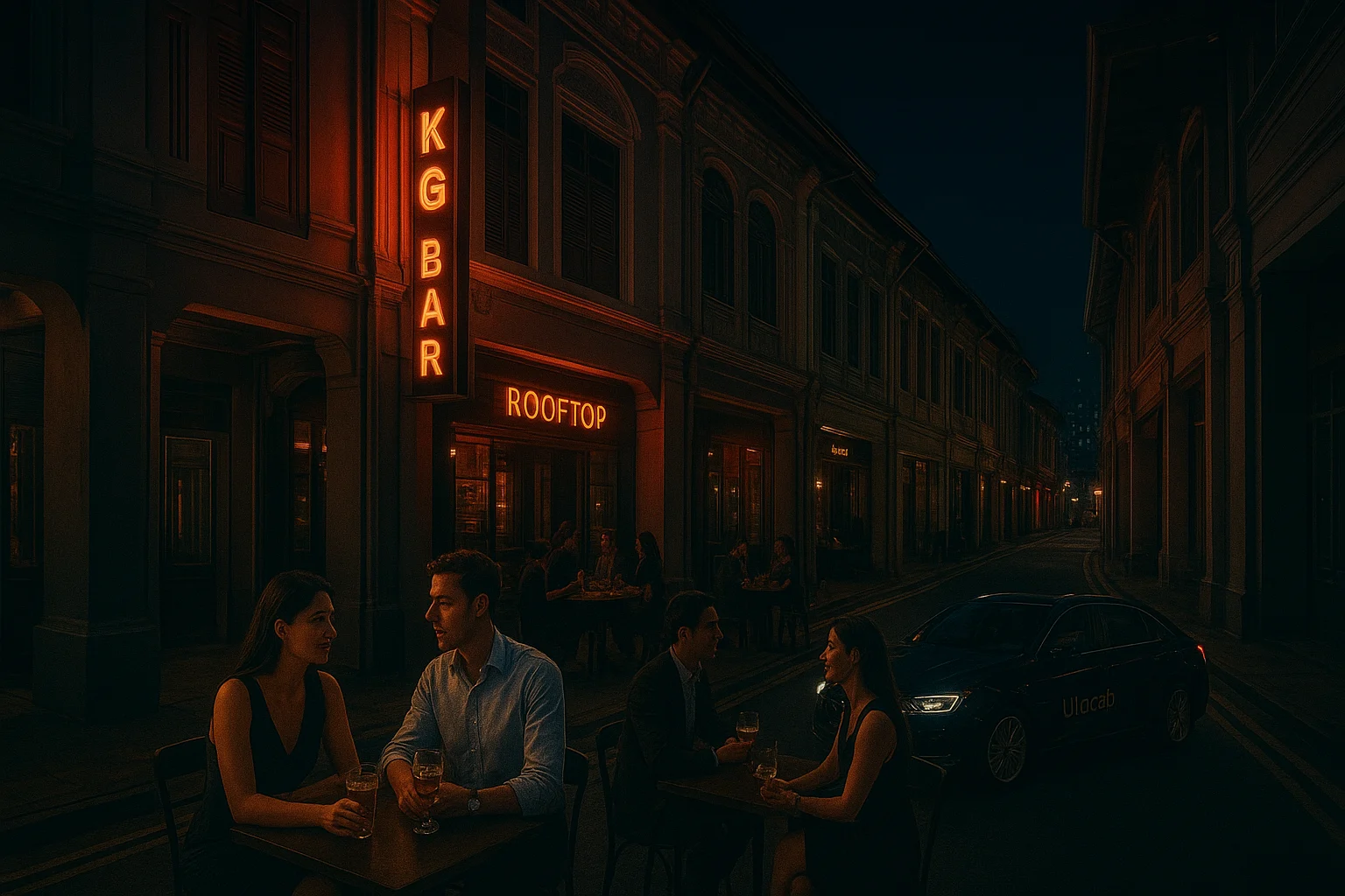 Chic urban nightlife scene with rooftop lights and stylish evening crowd.