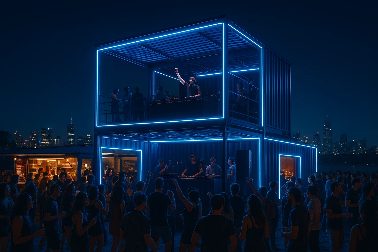 Casual outdoor bar with relaxed crowd enjoying chill evening atmosphere.