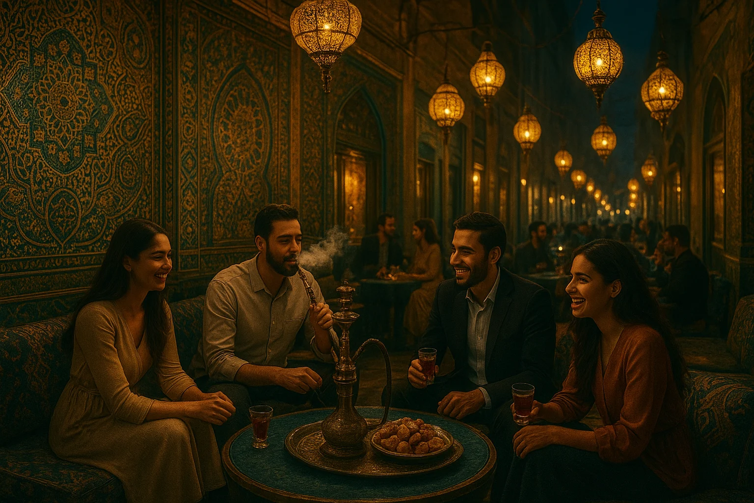 Lantern-lit cultural café street with people enjoying shisha and desserts at night.