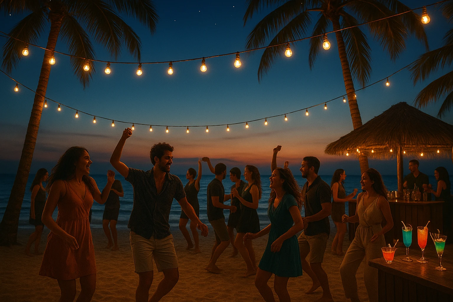 Tropical beach nightlife with lights, music, and dancing by the sea.