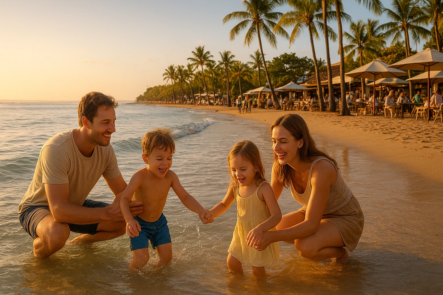 Happy family with young kids playing in shallow clear water at Sanur Beach, wide promenade in background with people cycling, cafés with umbrellas, bright morning sunrise glow, tropical vibe, realistic photography.
