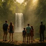 A dreamy wide-angle shot of a couple, a small family with kids, and a solo hiker standing at the edge of a jungle waterfall in Bali, mist rising, golden sunlight filtering through lush green trees, cinematic adventure travel style