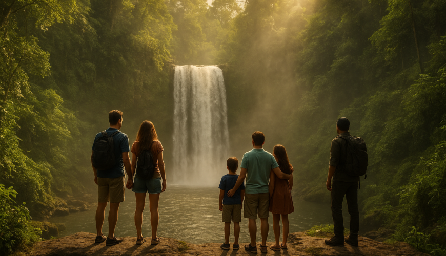 A dreamy wide-angle shot of a couple, a small family with kids, and a solo hiker standing at the edge of a jungle waterfall in Bali, mist rising, golden sunlight filtering through lush green trees, cinematic adventure travel style