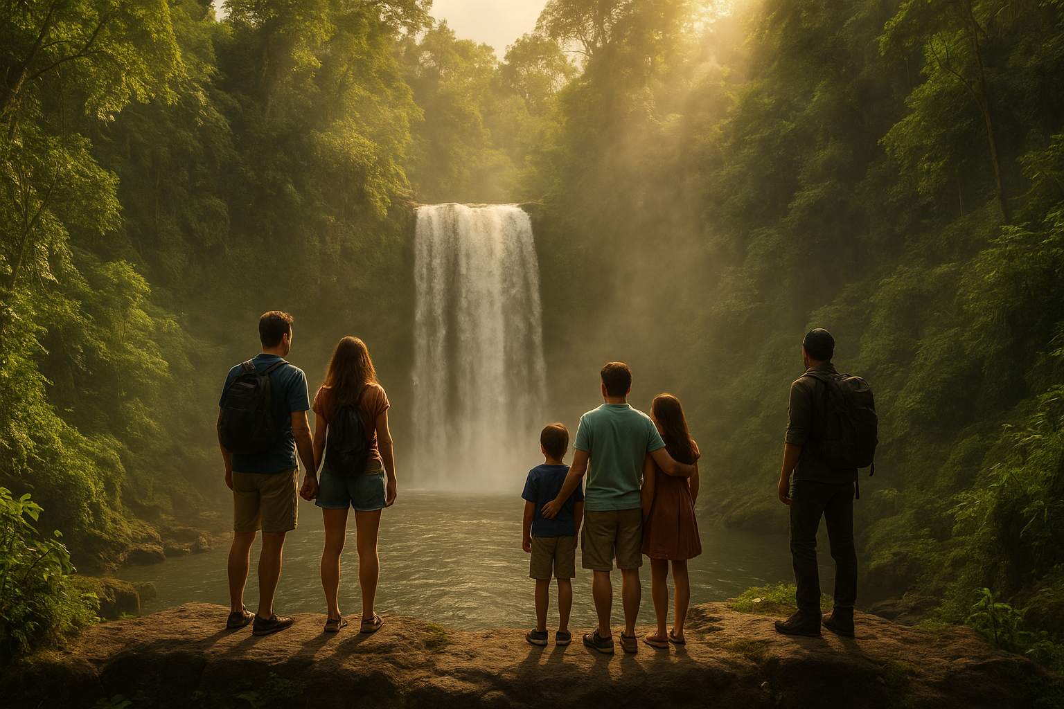 A dreamy wide-angle shot of a couple, a small family with kids, and a solo hiker standing at the edge of a jungle waterfall in Bali, mist rising, golden sunlight filtering through lush green trees, cinematic adventure travel style
