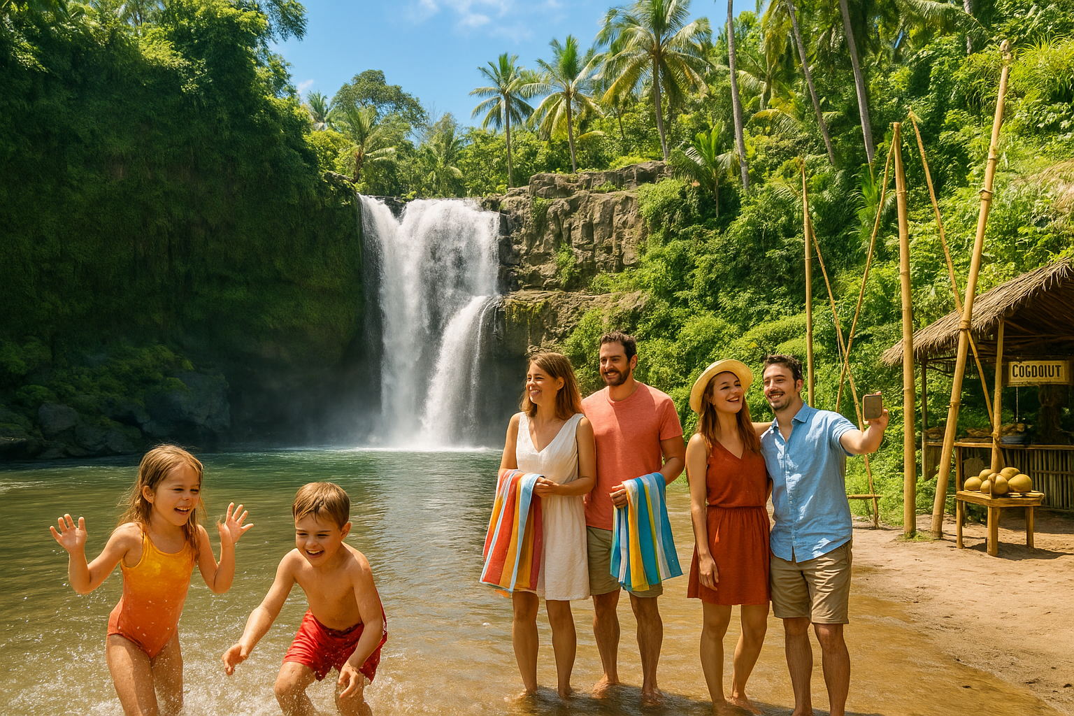 Bright family-friendly scene at Tegenungan Waterfall near Ubud, kids splashing at the edge, parents holding towels, couple taking a selfie, bamboo swings and coconut stalls nearby, tropical Instagram aesthetic