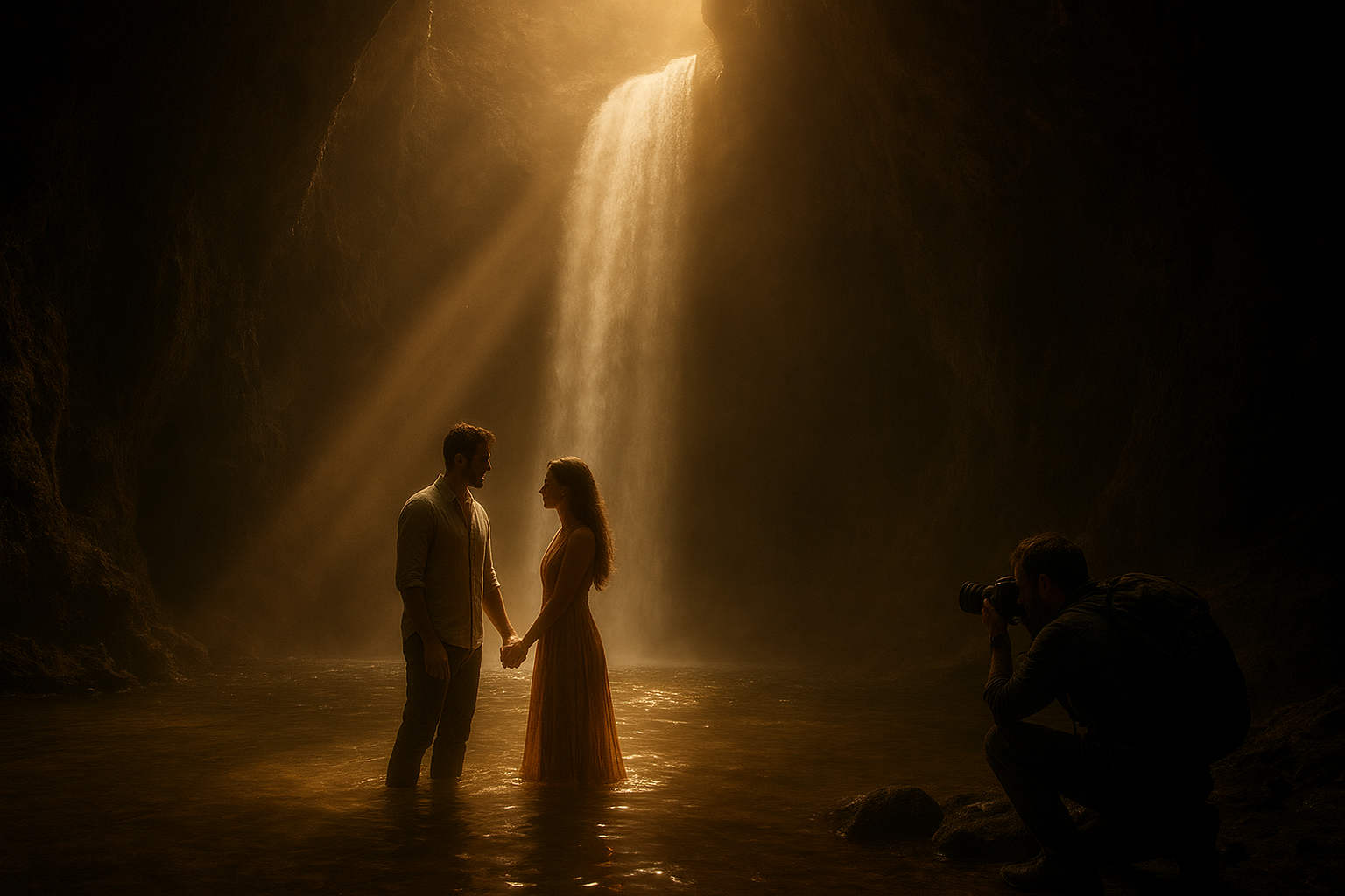 A magical hidden waterfall inside a cave, sunlight beams cutting through the canyon, couple holding hands in the water, photographer kneeling to capture the shot, mystical golden light atmosphere, cinematic composition
