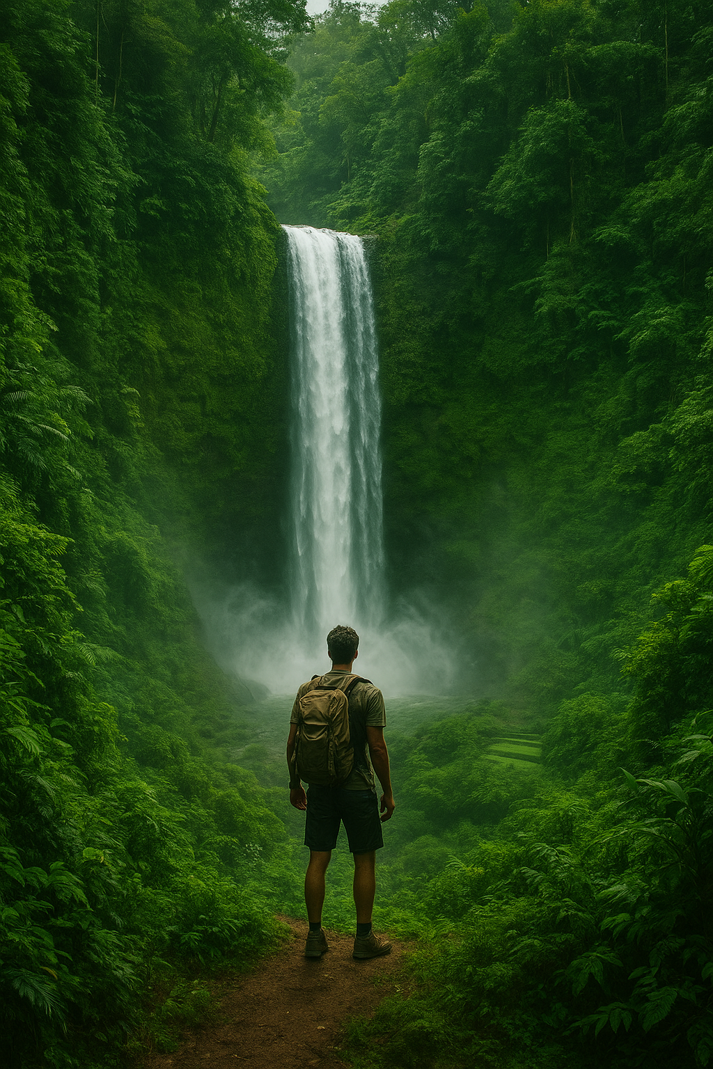 Tall waterfall surrounded by dense jungle, a hiker with a backpack standing at the base, mist swirling in the air, rice paddies visible in the distance, vibrant green tones, adventurous nature photography style