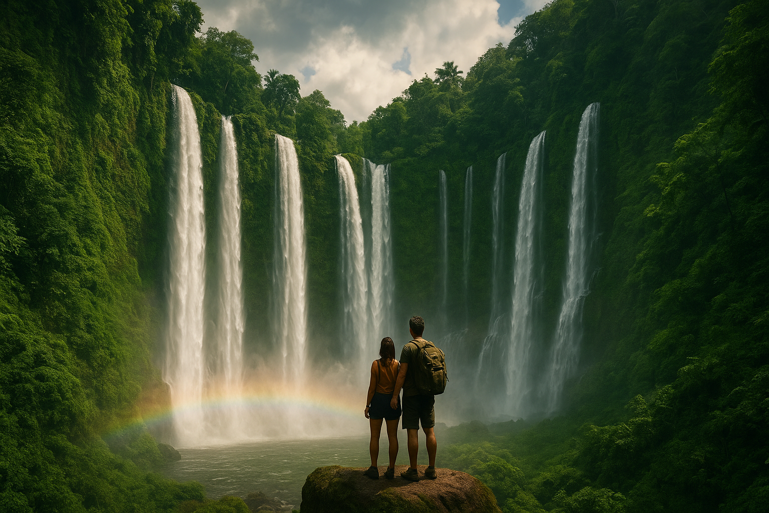 Seven powerful waterfalls cascading down steep cliffs in North Bali, couple standing on a rock looking up in awe, rainbow mist forming in sunlight, dramatic jungle landscape, epic cinematic wide shot