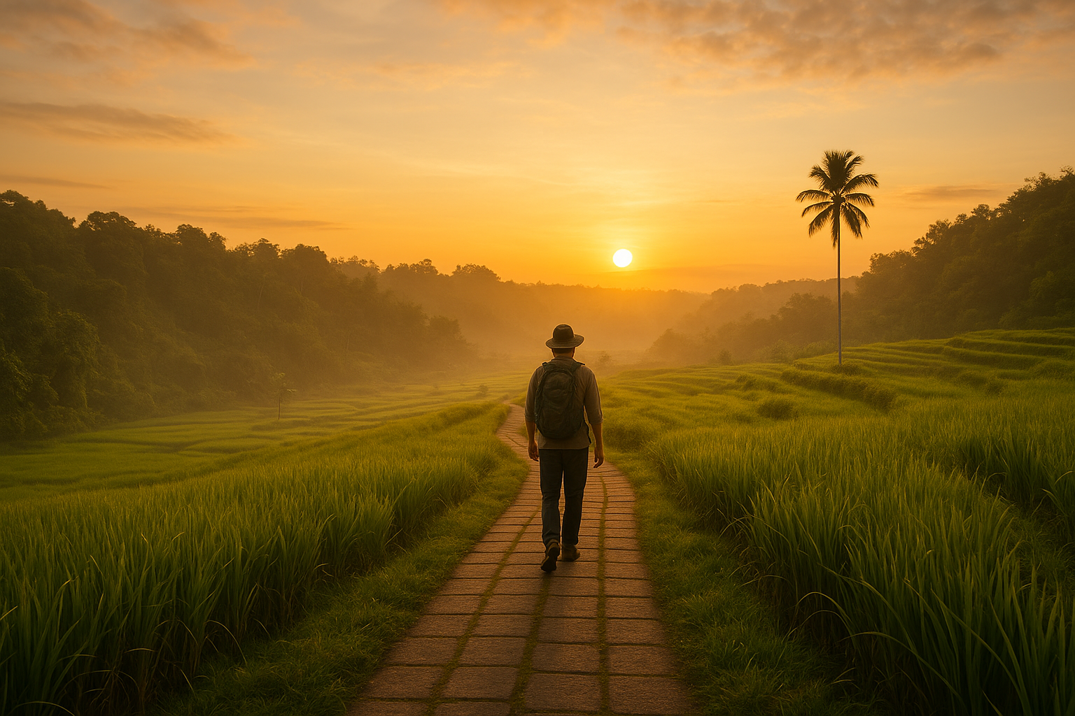 Early morning sunrise at Campuhan Ridge Walk, solo traveler walking along the paved trail with rice fields on both sides, golden light, soft clouds, peaceful and meditative vibe, travel photography style
