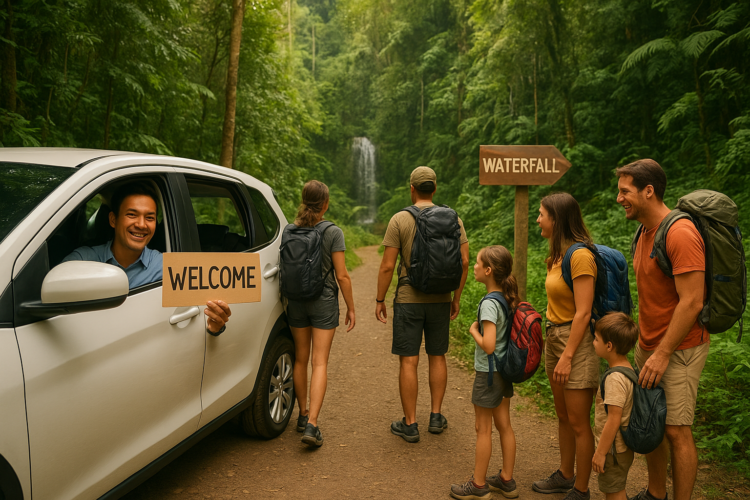 Modern private car parked at a jungle trailhead in Bali, smiling driver holding a welcome sign, hikers with backpacks and a family with kids getting ready for a waterfall adventure, friendly and professional travel service vibe