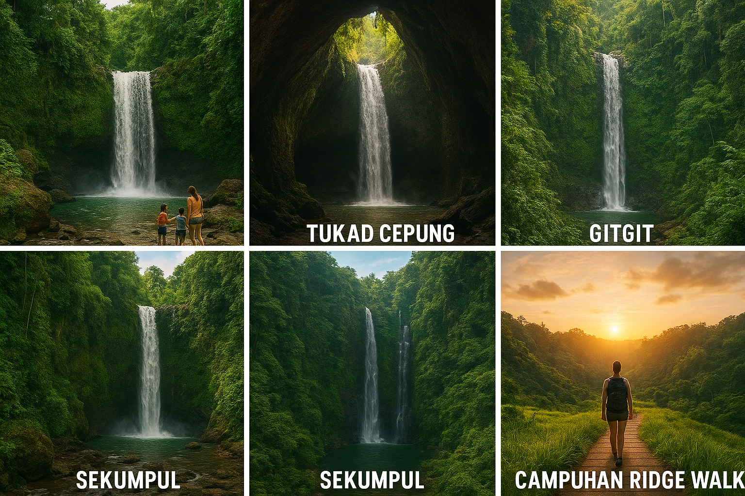 A collage-style layout of Bali waterfalls: Tegenungan (easy family), Tukad Cepung (cave light), Gitgit (classic jungle), Sekumpul (grand), Campuhan Ridge (sunrise walk). Vibrant colors, modern travel magazine aesthetic