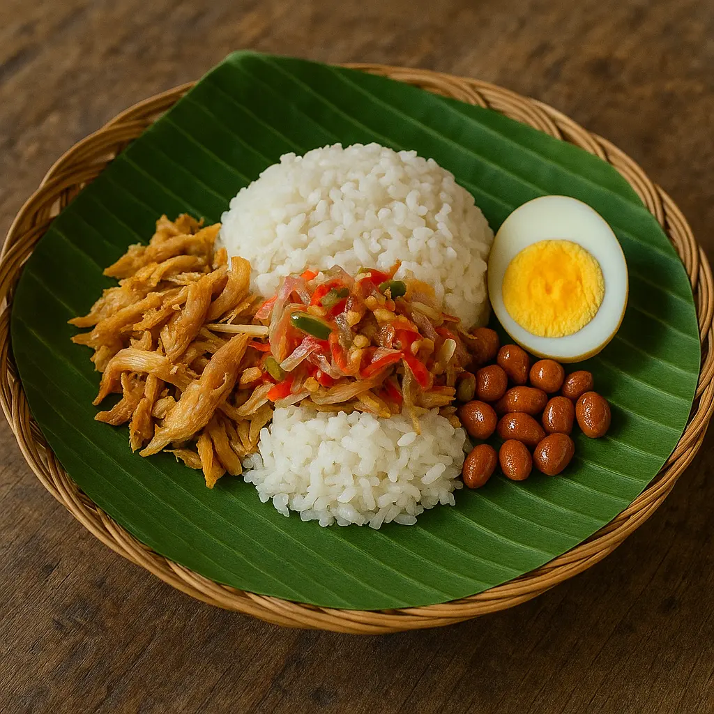 A rustic table with spicy Balinese nasi ayam — shredded chicken, sambal matah, fried peanuts, boiled egg, rice — served in banana leaf basket.