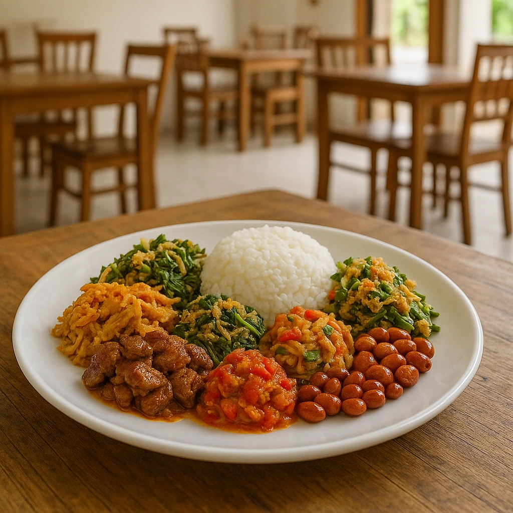 A neat plate of Balinese nasi campur with multiple small side dishes: meats, vegetables, peanuts, sambal. Clean, airy warung setting with wooden tables.