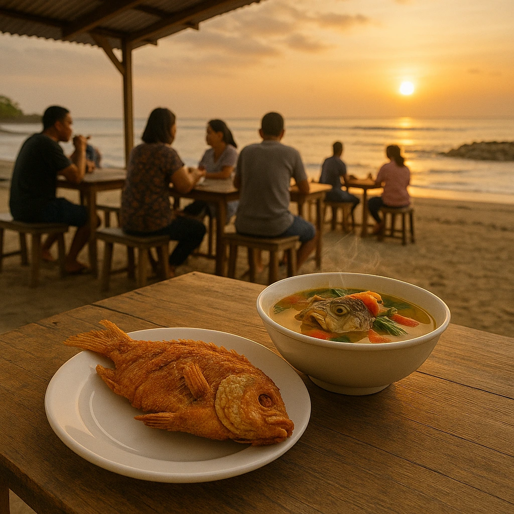 A humble beachside eatery serving crispy fried fish with a steaming bowl of spicy fish-head soup, locals enjoying food after sunrise.