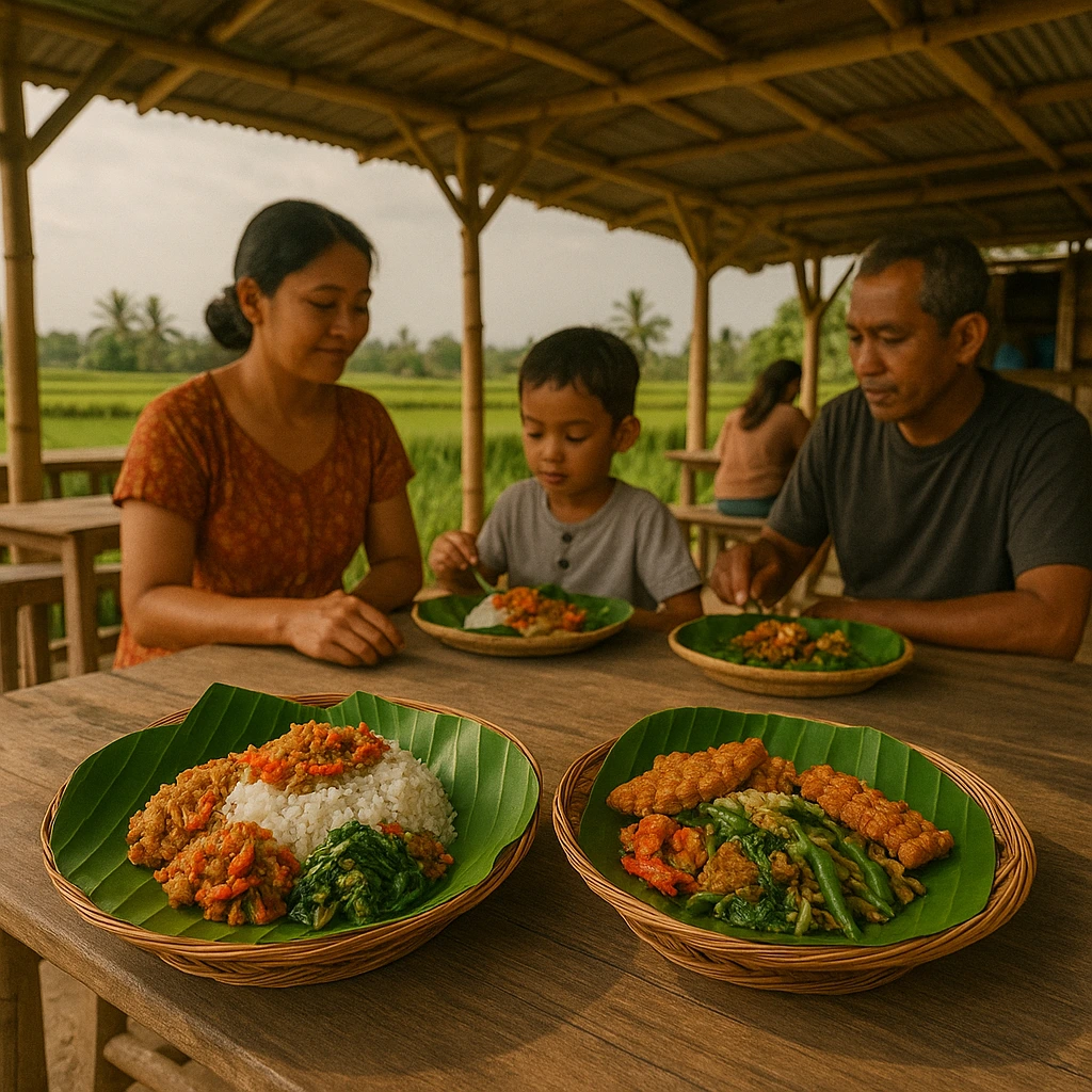 Balinese family-run warung in a rustic open-air setting surrounded by rice fields, serving nasi campur ayam and tempeh on banana leaf plates.