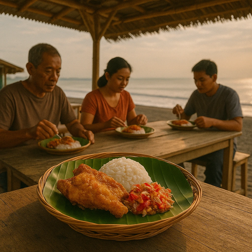 A traditional warung by the beach with locals enjoying crispy chicken, sambal matah, and rice, early morning sunlight.