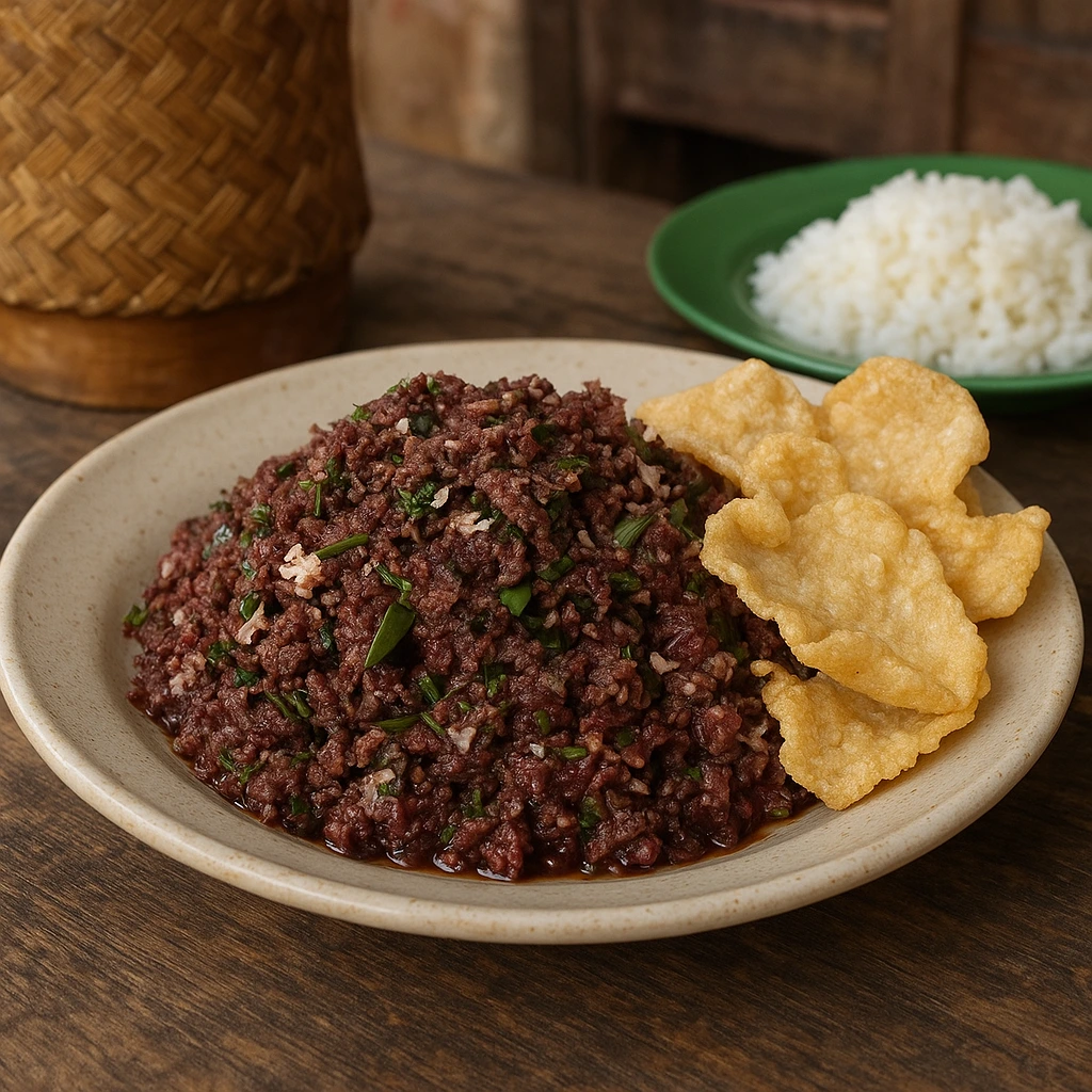 A plate of authentic Balinese lawar kuwir — minced duck, grated coconut, herbs, and blood — served in a humble village-style warung.