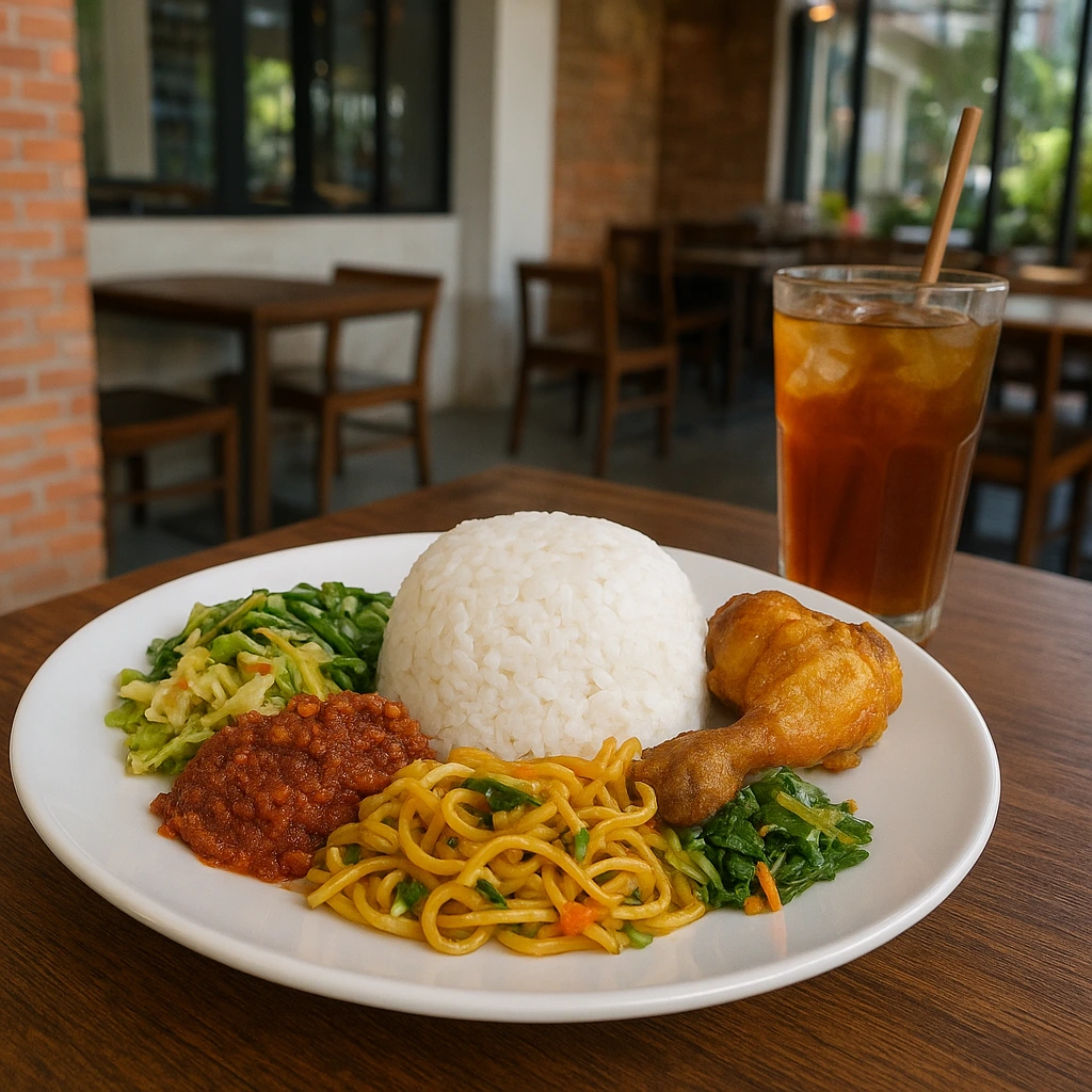 Modernized warung setting in Denpasar with generous nasi Bali portions — rice, chicken, vegetables, sambal — served with iced tea
