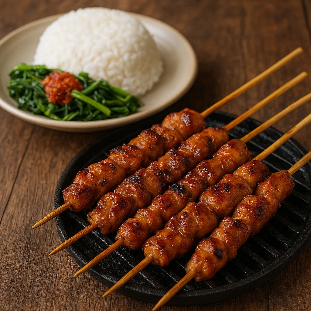 Close-up of juicy sate babi skewers on a grill, served with plecing kangkung (spicy water spinach) and white rice on a rustic wooden table.