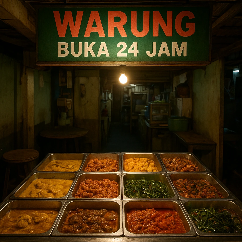 A lively, budget-friendly 24-hour warung with buffet-style nasi campur — trays of curries, sambals, tofu, chicken, and vegetables — late-night vibe.