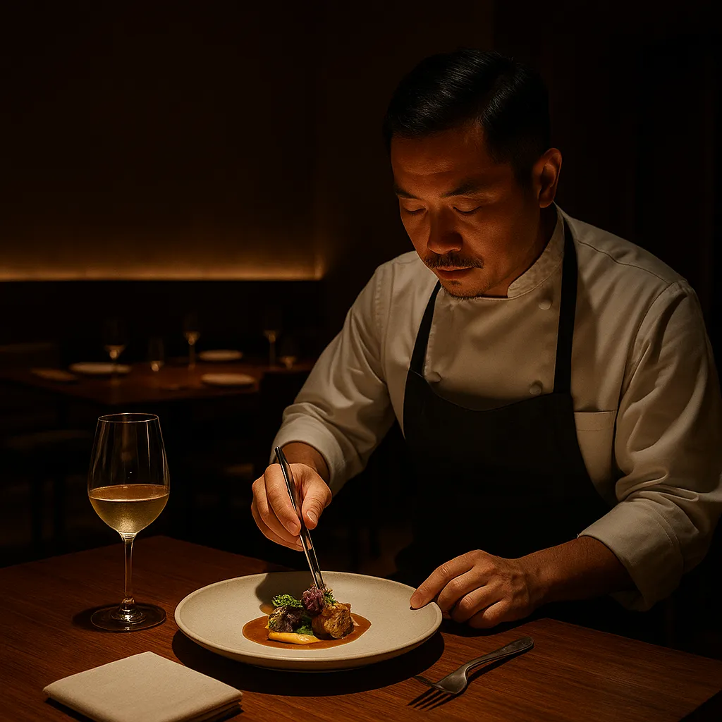 Intimate 8-seat luxury restaurant in Ubud, Bali, soft spotlight on chef preparing modern Indonesian dish, artistic plating with French finesse, warm ambient lighting, exclusive atmosphere.