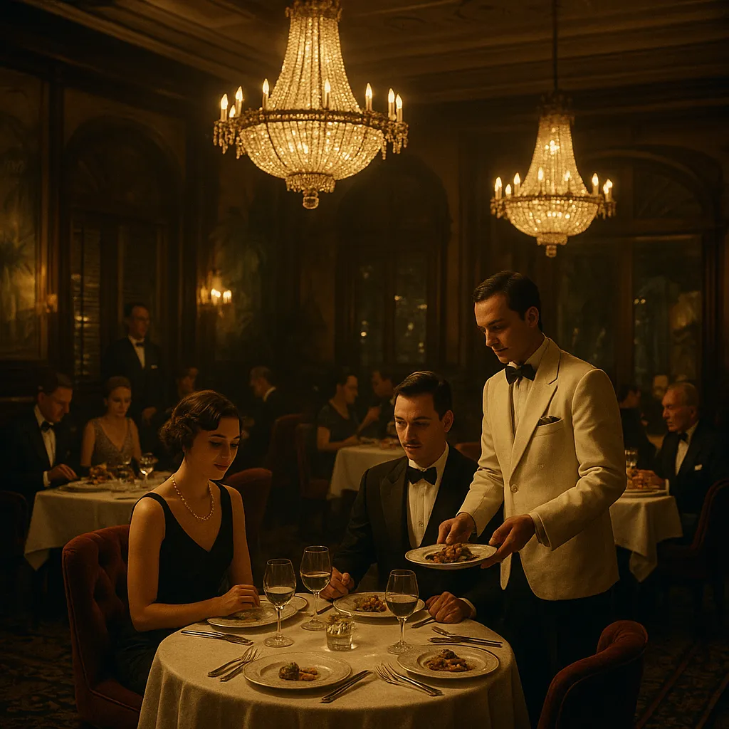 1920s colonial-inspired fine dining restaurant in Bali, chandeliers, velvet chairs, black-tie service, glamorous interior with guests enjoying an 8-course tasting menu, cinematic vintage style.