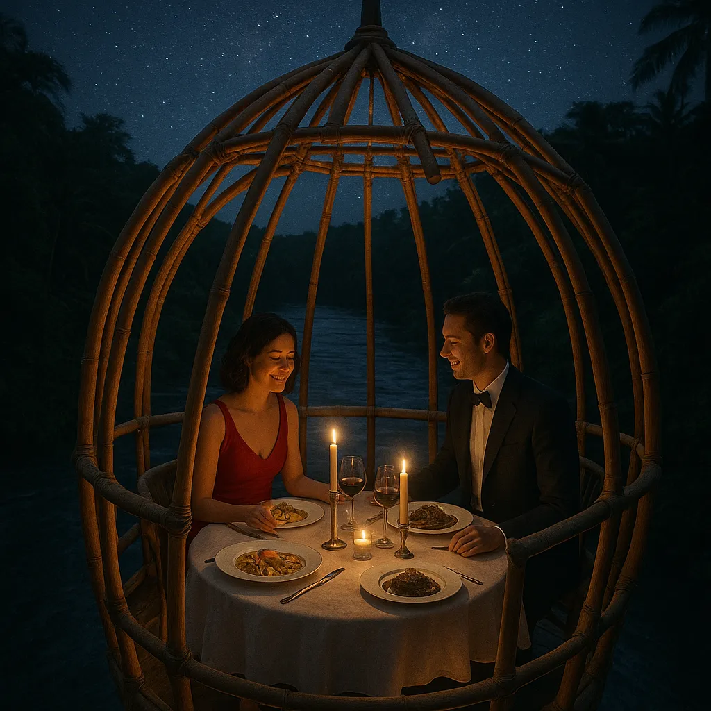 Romantic bamboo pod dining over Ayung River in Ubud, candlelit table for two, Mediterranean fine dining dishes like lobster ravioli and truffle beef, starry night atmosphere.