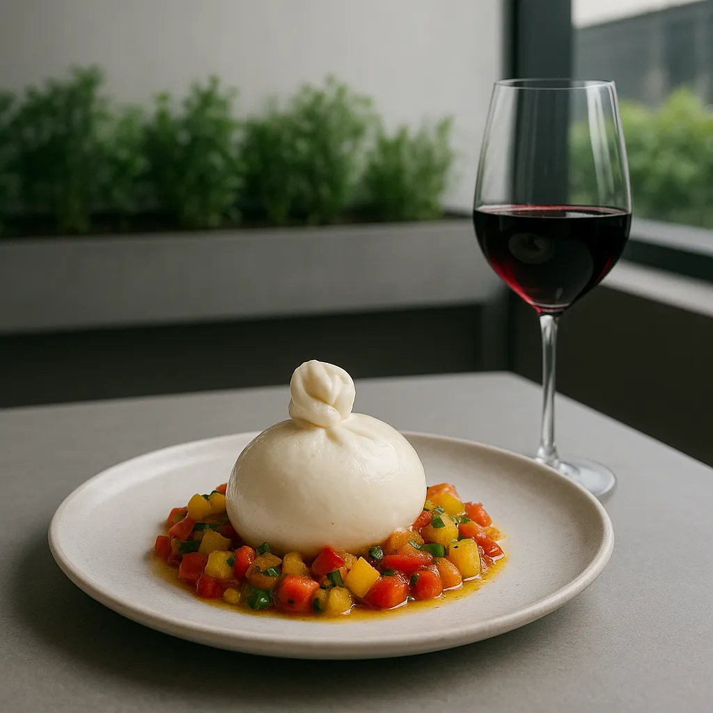 Modern Italian fine dining plate with burrata and tropical fruit chutney, sleek minimal interior with rooftop herb garden, elegant presentation with wine pairing, editorial style food photo.