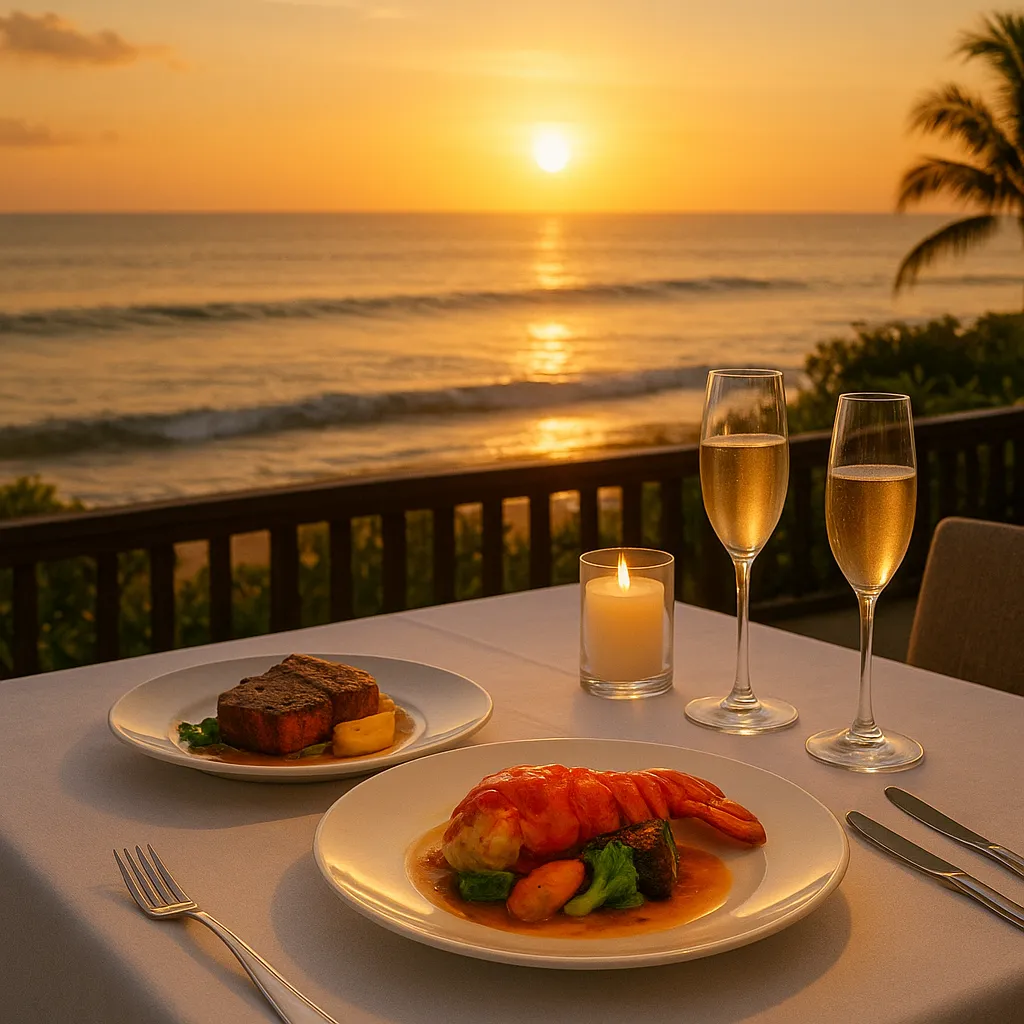 Beachfront luxury fine dining in Bali, candlelit table overlooking ocean, champagne glasses, lobster and wagyu mains on white tablecloth, luxury resort setting, golden hour light.