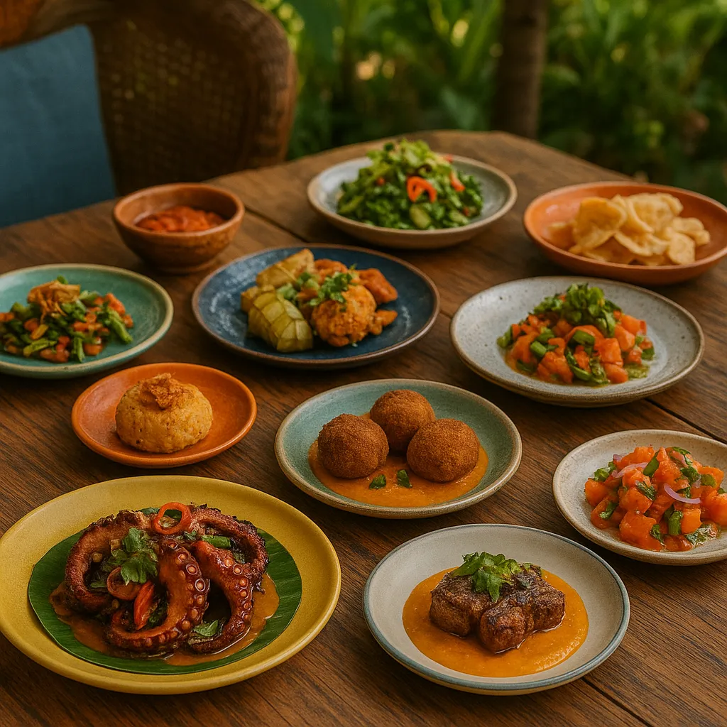 Colorful creative tapas dishes made with Indonesian ingredients, shared table setting, BBQ octopus and mushroom croquettes beautifully plated, stylish yet casual tropical vibe.