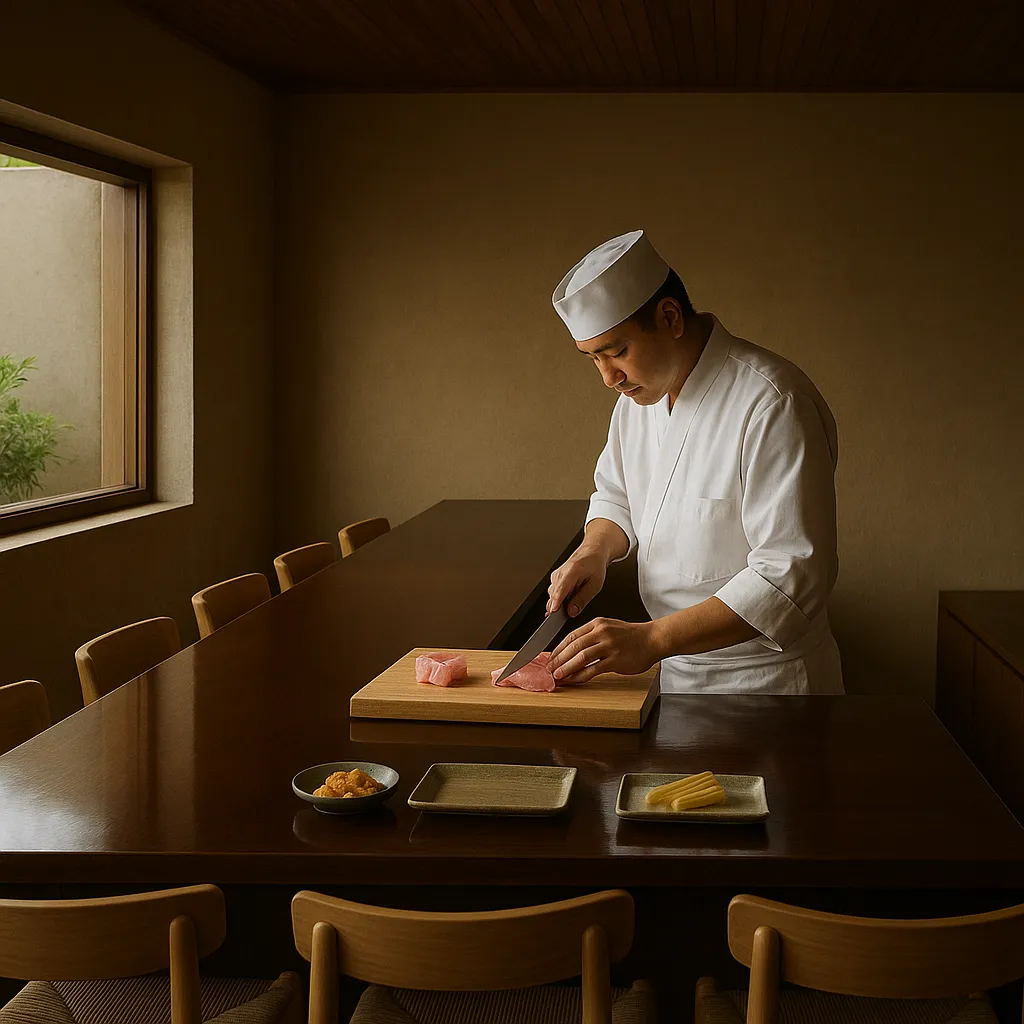 Minimalist omakase sushi bar in Bali, chef carefully slicing toro, fresh uni and pickled bamboo on lacquered counter, 10-seat intimate setting, Japanese precision photography style.