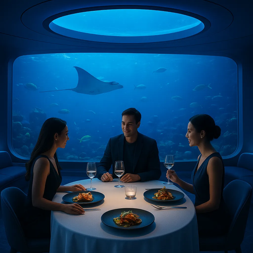 Underwater-themed fine dining restaurant in Bali, guests dining with large aquarium view, elegant plating with tropical seafood, ambient blue glow, futuristic yet luxurious.