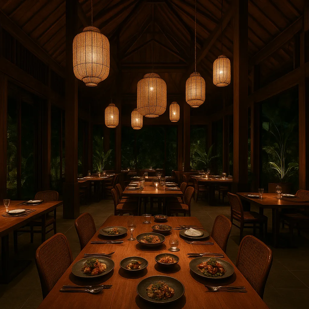 Stylish Indonesian fine dining restaurant with dramatic tall interiors, glowing lanterns, communal tables with refined local cuisine, modern tropical elegance.