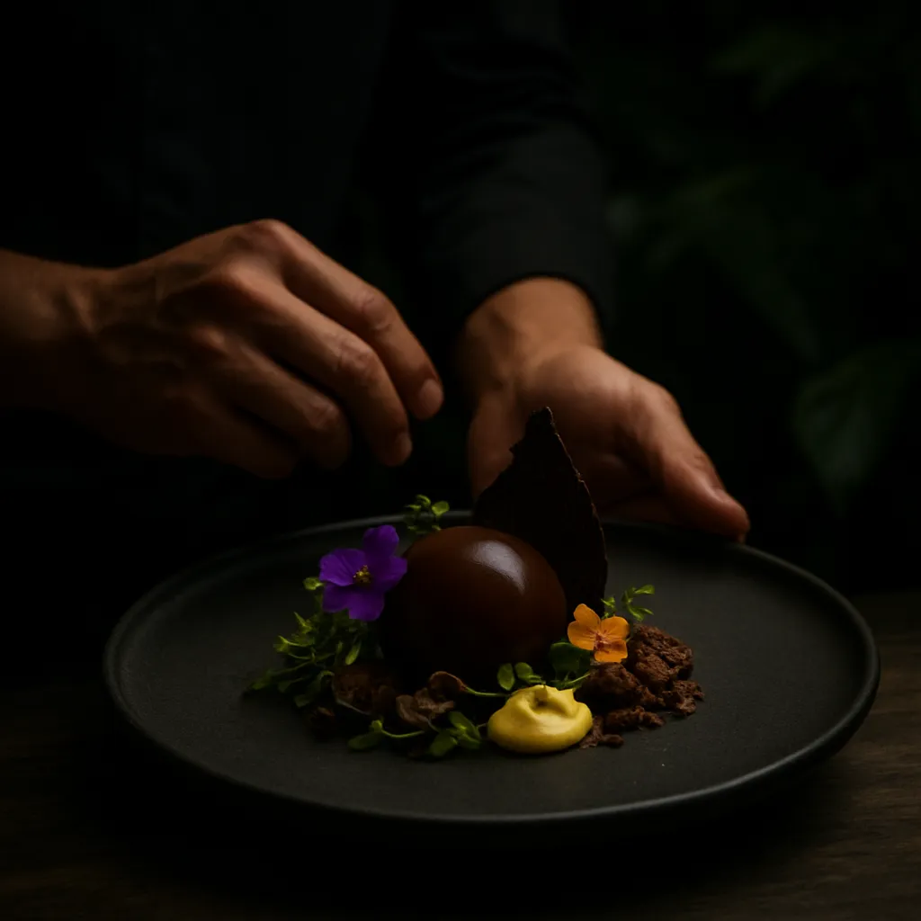 Chef presenting avant-garde plated dessert with edible flowers, herbs, and chocolate textures, moody jungle-inspired background, Michelin-worthy dessert photography