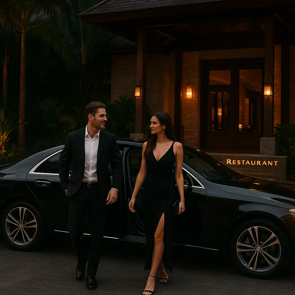 Luxury black car pulling up to a fine dining restaurant entrance in Bali, well-dressed couple stepping out, evening setting, sleek stylish vibe, showcasing seamless arrival experience.