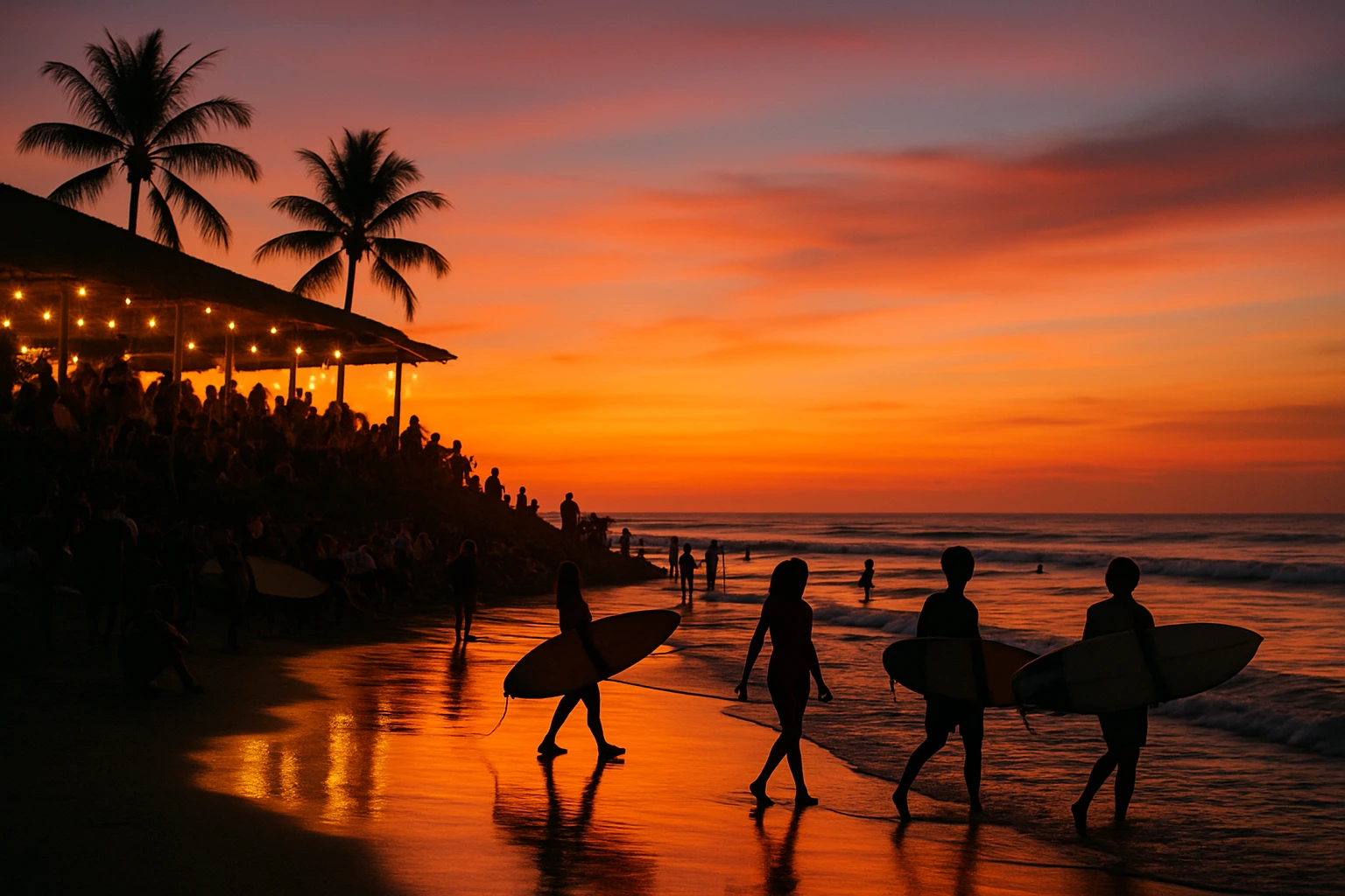 Silhouettes of surfers and beachgoers at Echo Beach in Canggu during sunset, with a vibrant sky, ocean reflections, and a boho beach bar softly lit in the background.