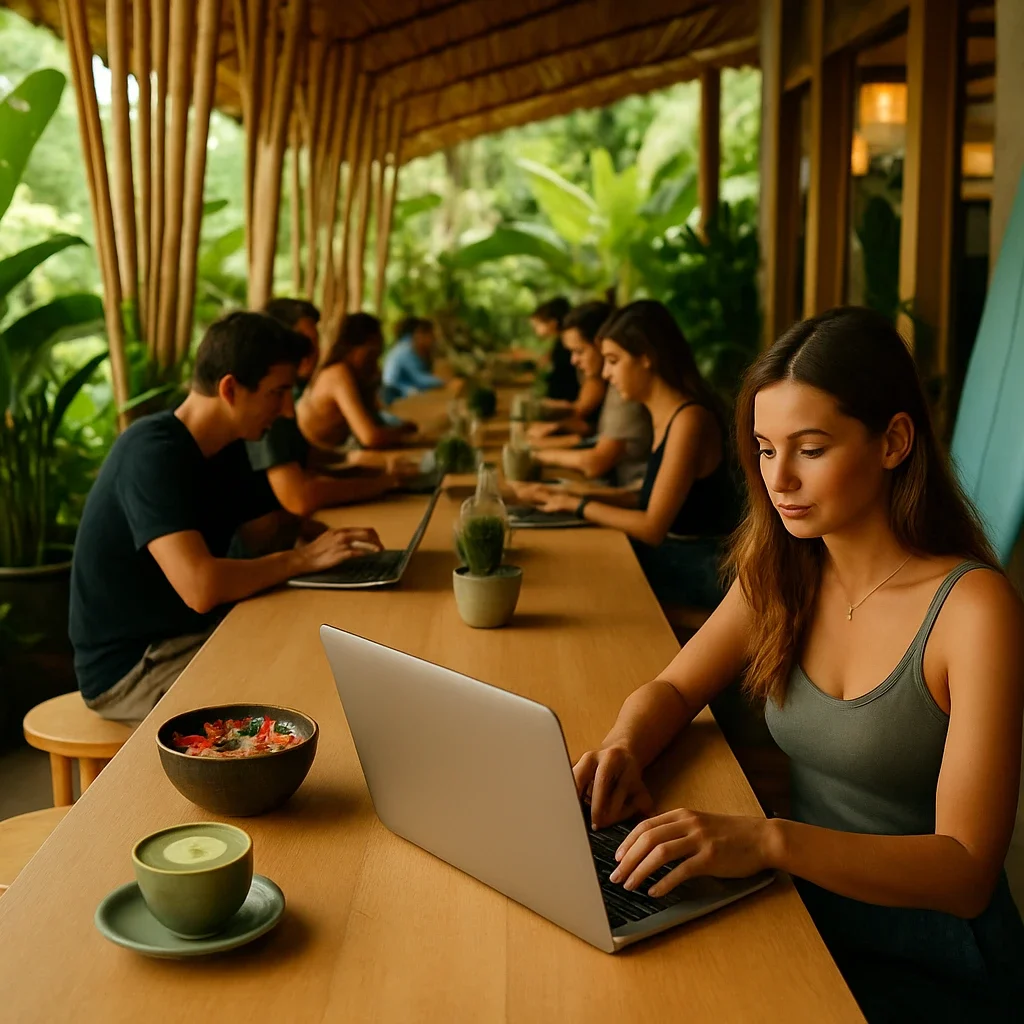 Modern outdoor café in Canggu, tropical setting, people working on laptops, matcha latte, smoothie bowls, minimalistic bamboo architecture, surfboards leaning nearby, lush green plants, natural lighting