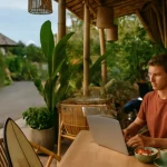 A stylish young traveler with a surfboard stands on a tropical Canggu beach, with soft waves, palm trees, and a tranquil Bali backdrop.