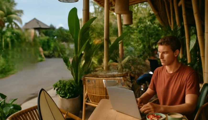 A stylish young traveler with a surfboard stands on a tropical Canggu beach, with soft waves, palm trees, and a tranquil Bali backdrop.