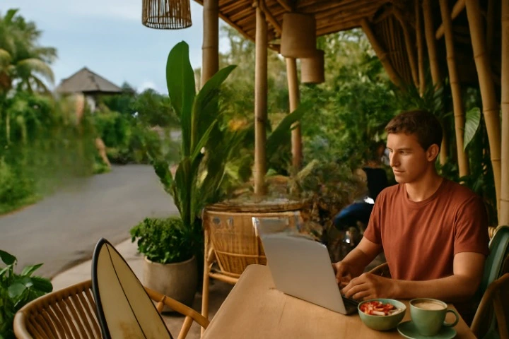 A stylish young traveler with a surfboard stands on a tropical Canggu beach, with soft waves, palm trees, and a tranquil Bali backdrop.