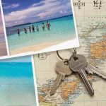 Collage of three Bali beach moments family playing in shallow water, couple enjoying a sunset, solo traveler sipping coconut with Ulacab car keys and a tropical map in the corner, travel lifestyle moodboard aesthetic.