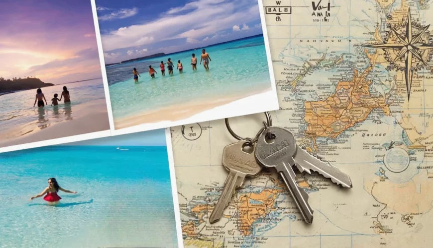 Collage of three Bali beach moments family playing in shallow water, couple enjoying a sunset, solo traveler sipping coconut with Ulacab car keys and a tropical map in the corner, travel lifestyle moodboard aesthetic.