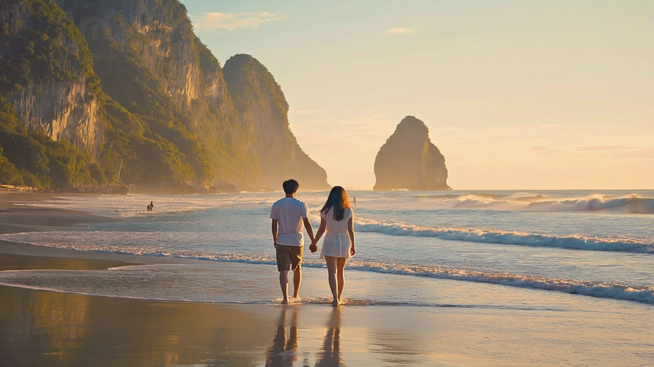 Romantic couple walking hand-in-hand along Balangan Beach at sunset, golden cliffs in the background, surfers in the distance, soft golden hour lighting, cinematic lens flare.