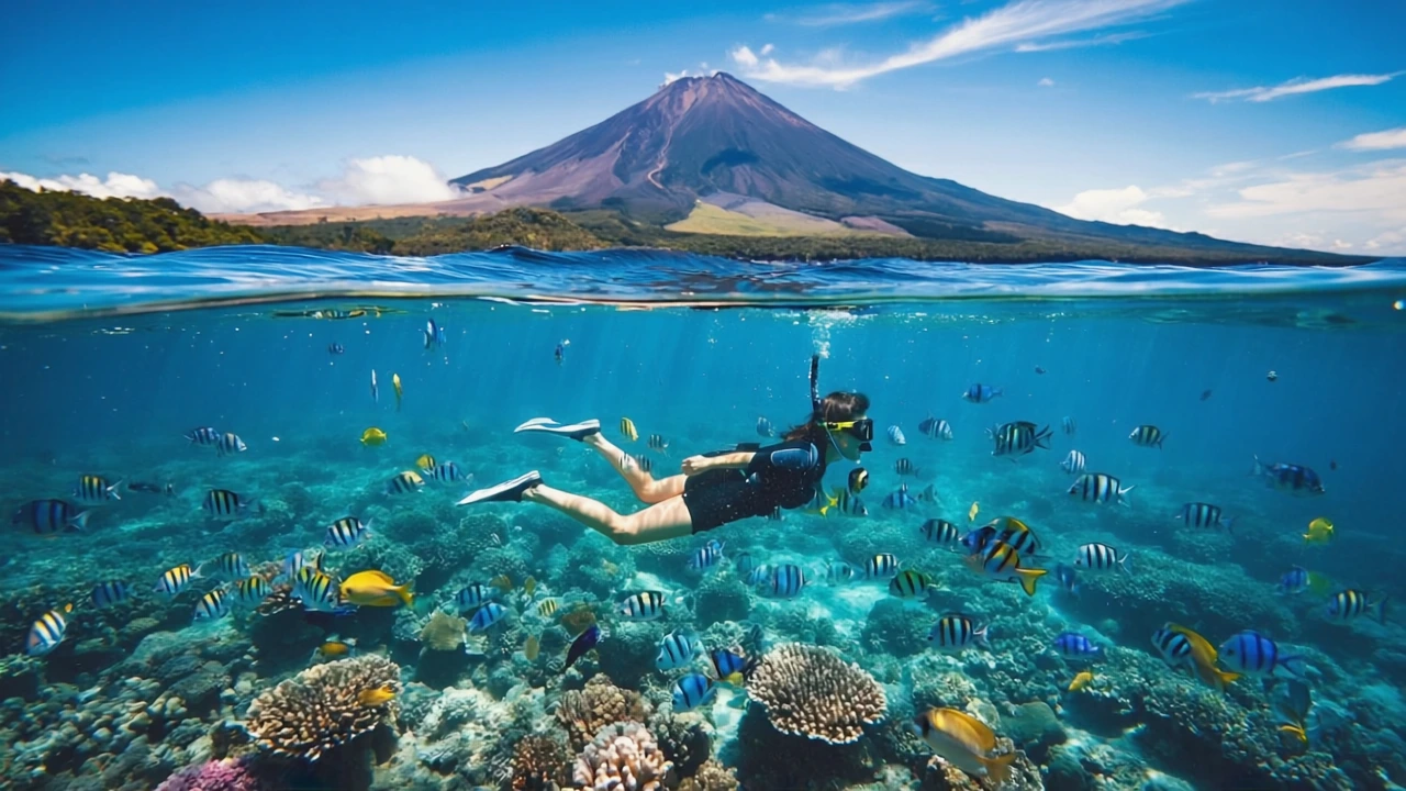 Solo traveler snorkeling in clear water at Amed Beach with black volcanic sand shoreline, Mount Agung volcano visible in the background, vibrant coral and fish underwater.