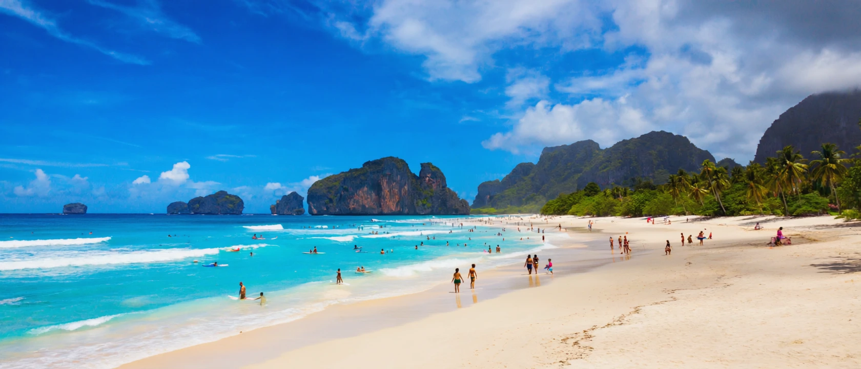 Wide panoramic view of multiple Bali beaches stitched together, golden sands, turquoise water, coconut trees, surfers, families, couples, and solo travelers in different corners, tropical sunshine, high detail, cinematic style.