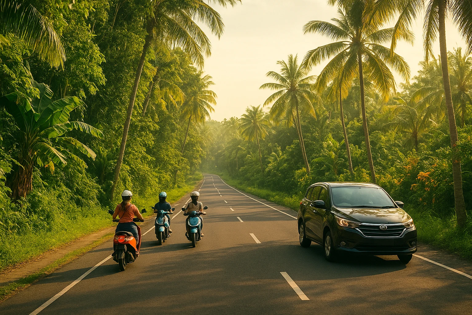 Tropical Bali road with scooters and a private car surrounded by palm trees and greenery.