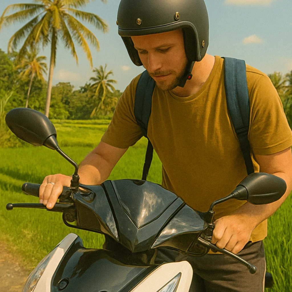 Traveler inspecting a rented scooter in Bali with rice fields in the background.